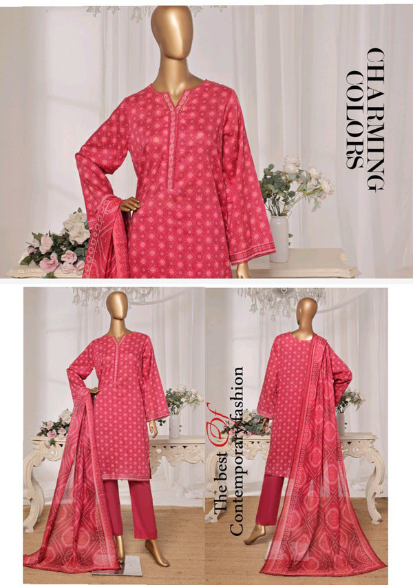 Lawn - Stitched printed 3piece with Lace work - Shocking Pink