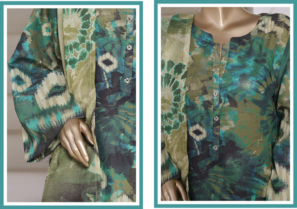 Cotton | Cambric - Ready to wear printed 3piece in tie & Dye Style - Green