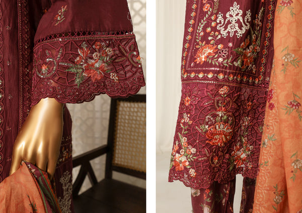 Lawn - Stitched Embroidered 3piece with printed Back & Printed trouser - Maroon