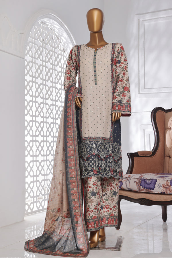 Lawn Chickankari - Stitched Embroidered 3piece with Lace work  - White & Maroon
