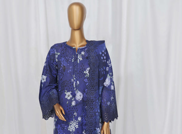 Khaddar - Stitched Embroidered Chikan Kari 3 piece with Laser work and Embroidered Cutwork Dupatta - Blue