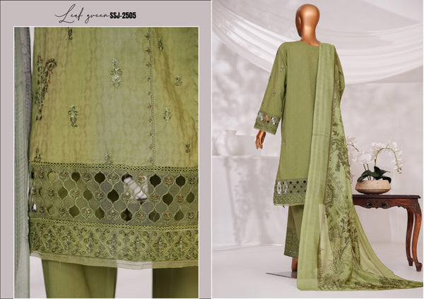 Cambric | Cotton - Stitched Embroidered Printed 3piece with Nannokara Dupatta - Leaf Green