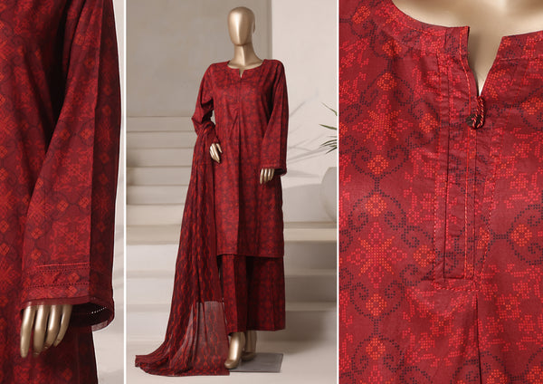 Cambric - Stitched printed 3piece with Lace work - Maroon Check