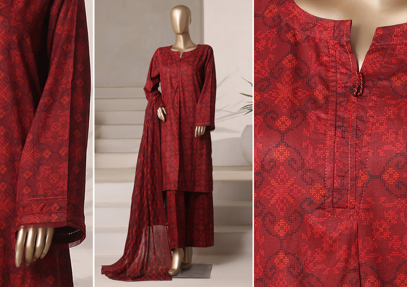 Cambric - Stitched printed 3piece with Lace work - Maroon Check