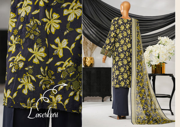 Cotton | Cambric - Stitched Embroidered 3piece with Lace work - Neon Navy
