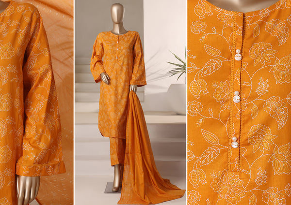 Cambric - Stitched printed 3piece with Lace work - Mustard Dot