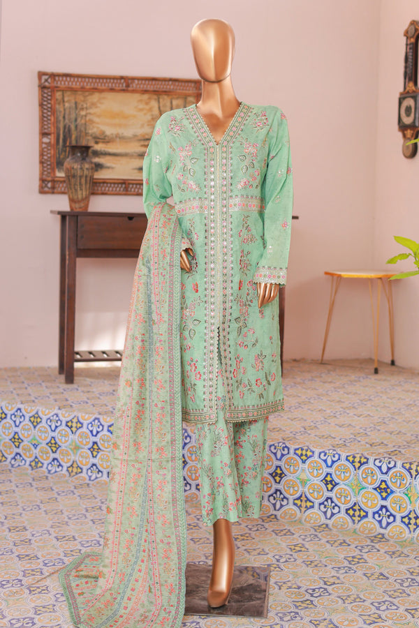 Lawn Self stripe- Stitched Embroidered 3piece with Lace work - Sea Green