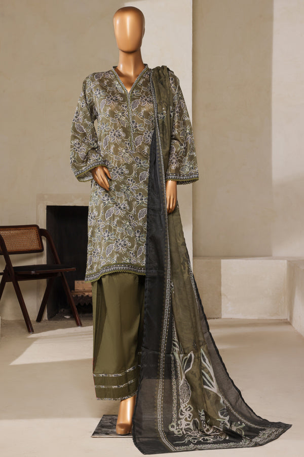 Lawn - Stitched printed 3piece with Farshi shalwar - Green