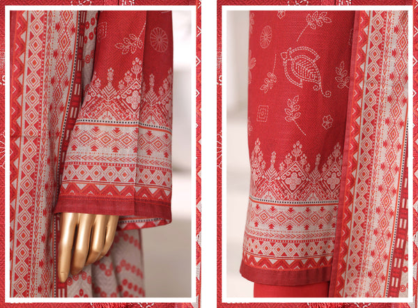 Khaddar - Stitched printed 3piece with Lace work - Red