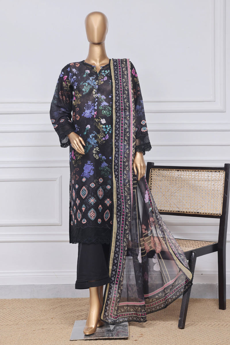 Lawn - Stitched Print Chikankari Embroidered 3piece with Chiffon Dupatta - Black