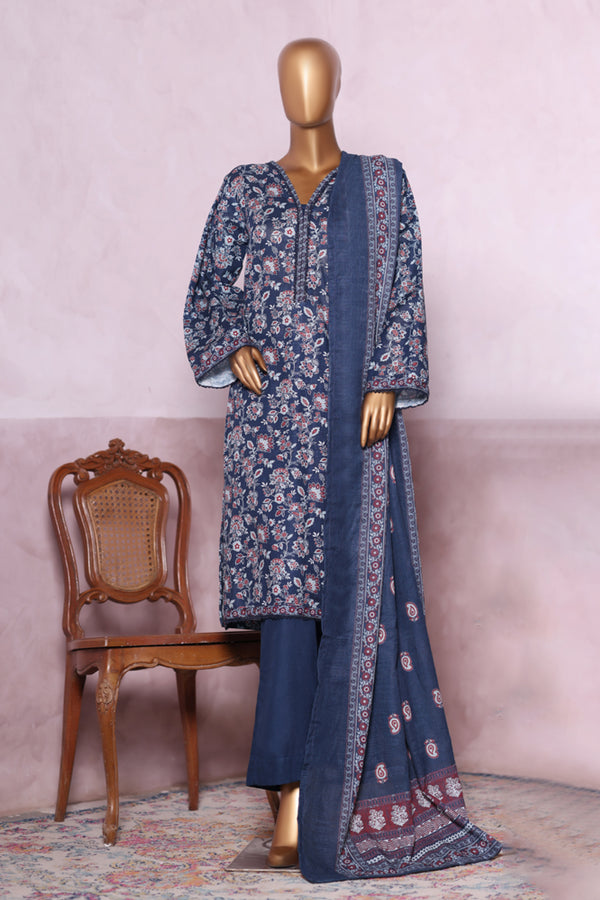 Khaddar - Stitched printed 3piece with Lace work - Blue