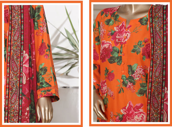 Lawn - Stitched printed 3piece with Lace work - Orange
