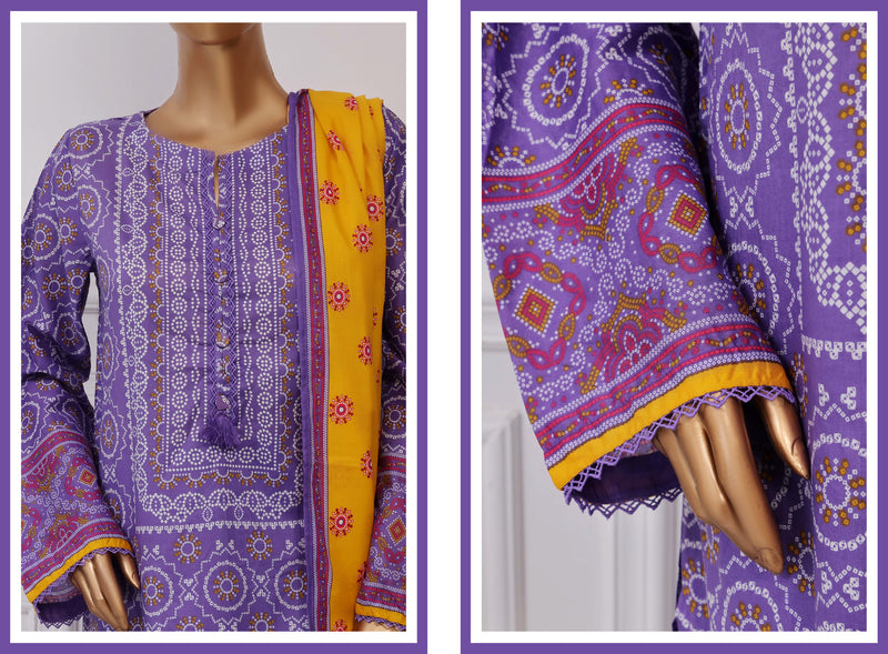 Lawn Chunri prints - Stitched printed 3piece with Lace work - Purple