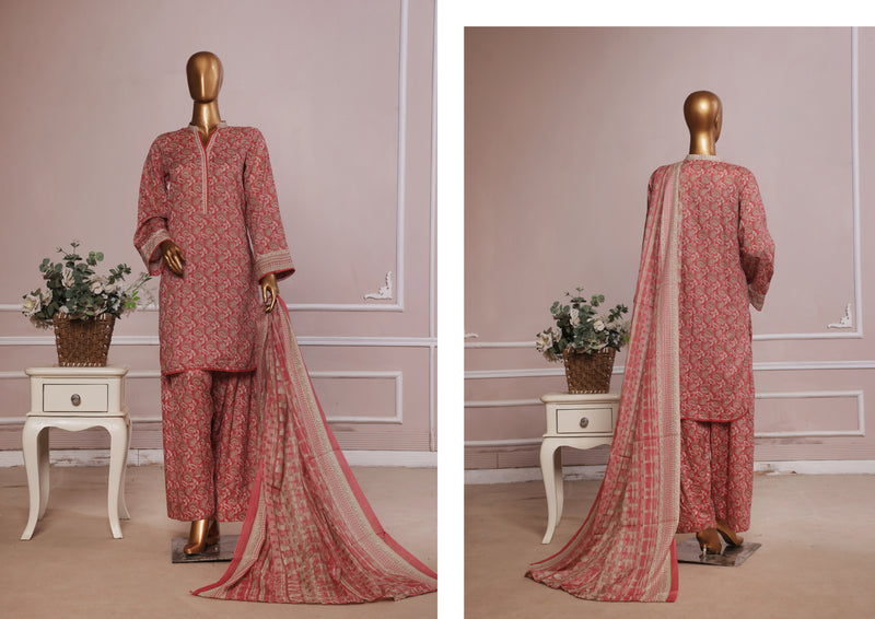 Lawn - Stitched printed 3piece with Farshi Shalwar - Dark Peach
