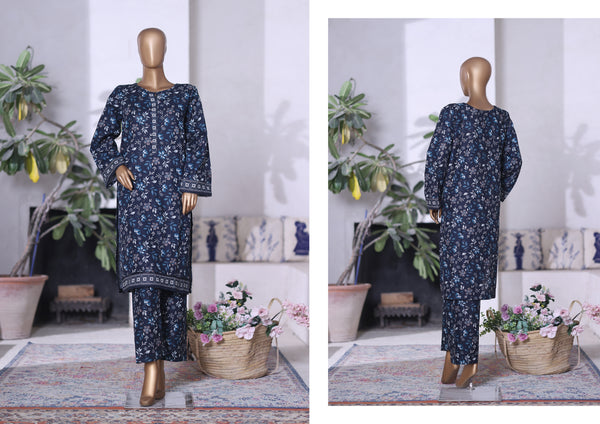Khaddar Co-Ords - Stitched printed Kurti & trouser with Lace work - Navy Blue