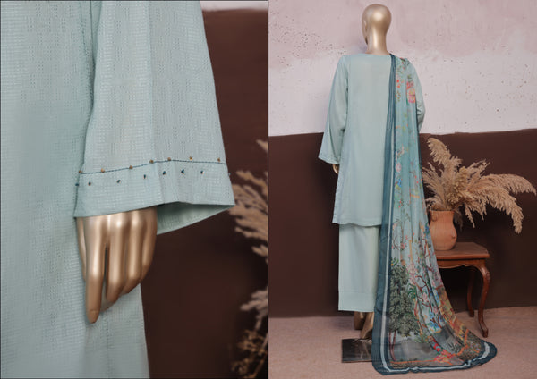 Cambric - Stitched printed 3piece with Lace work - Baby Blue