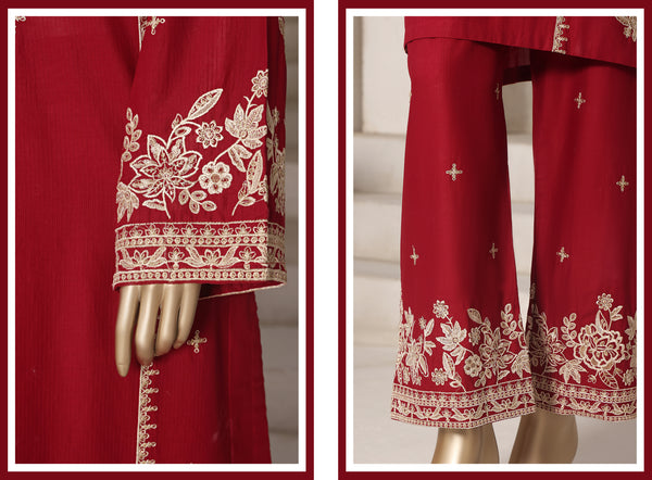 Cotton | Cambric - Embroidered ready to wear Co-Ords - Red