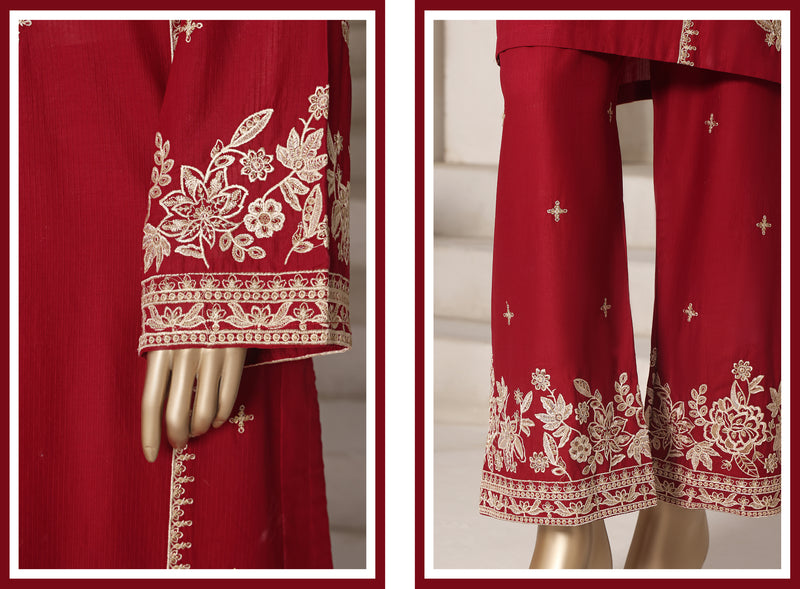 Cotton | Cambric - Embroidered ready to wear Co-Ords - Red