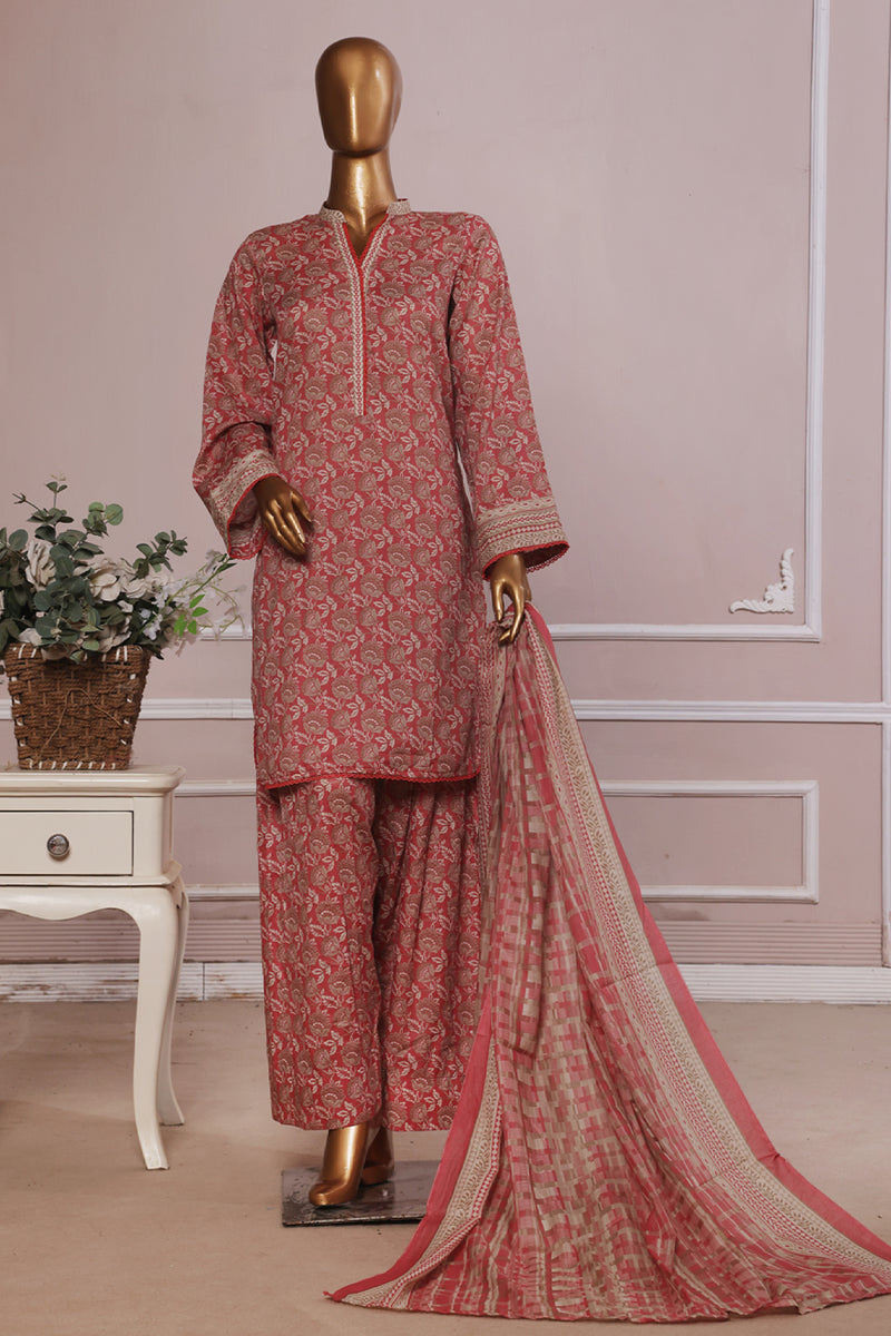 Lawn - Stitched printed 3piece with Farshi Shalwar - Dark Peach