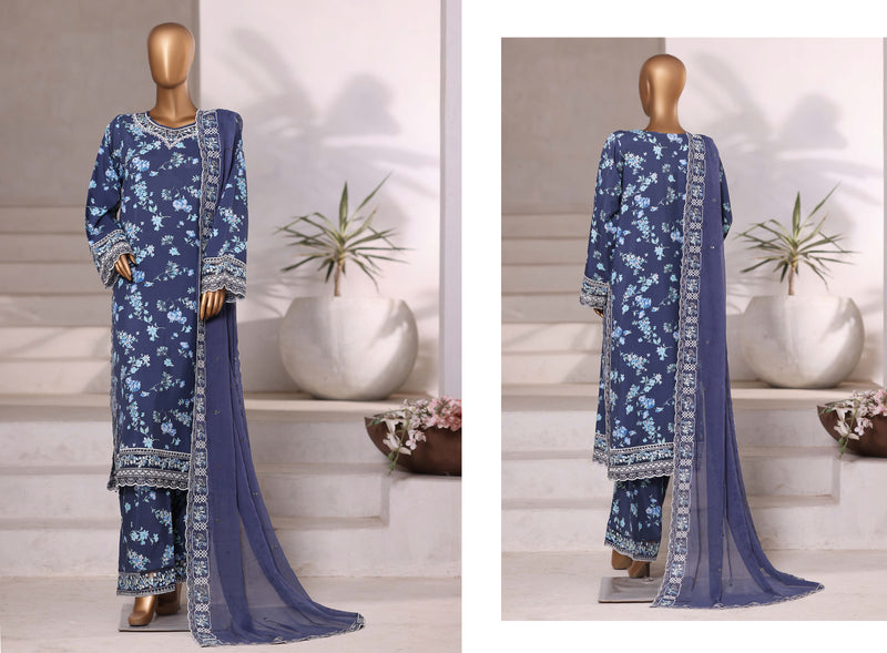 Luxury viscose - Stitched Embroidered 3piece with Chiffon embroidered Dupatta - Blue