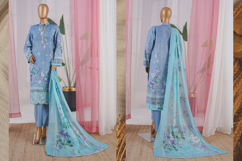 Lawn - Stitched Embroidered 3piece with Zari work & Lace work - Sky Blue