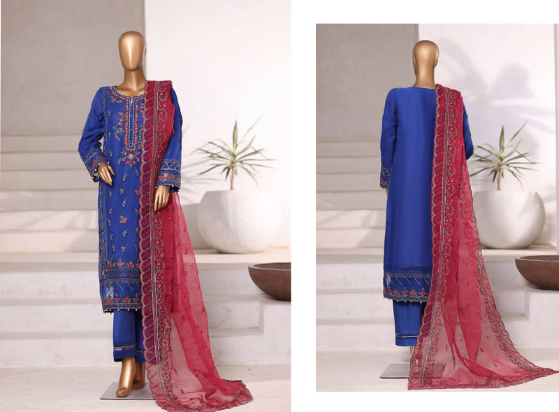 Organza - Stitched Embroidered 3piece with Hand work - Blue & Maroon