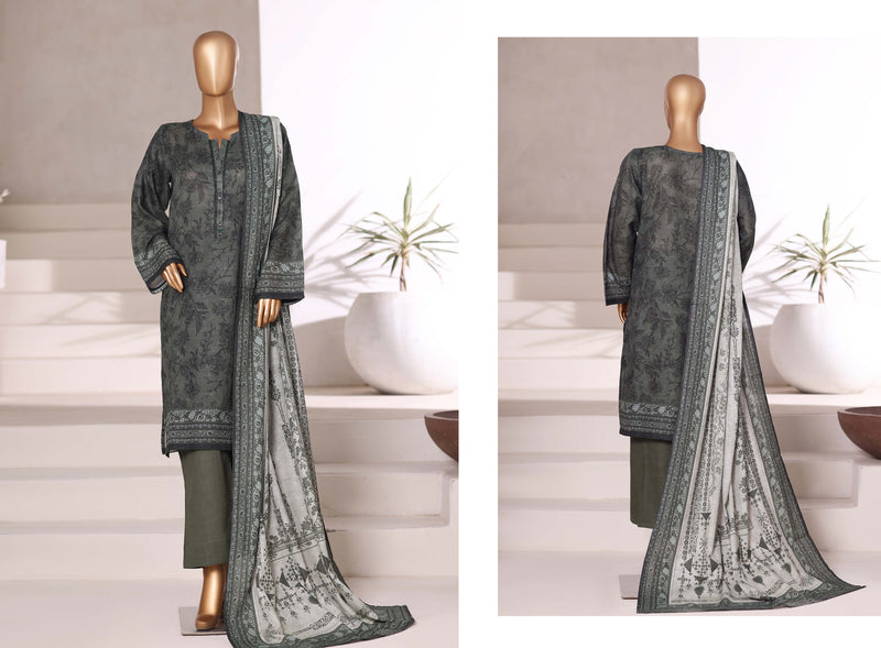 Khaddar - Stitched printed 3piece with Lace work - Dark Grey