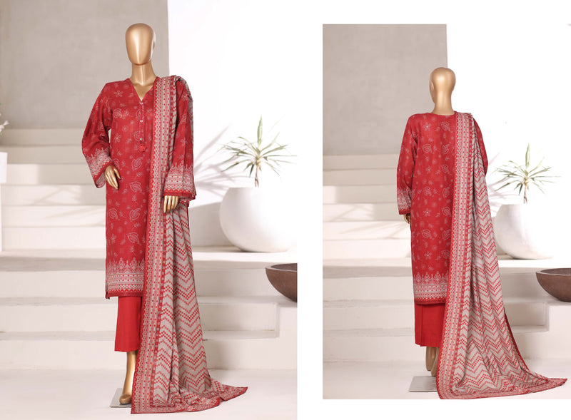 Khaddar - Stitched printed 3piece with Lace work - Red