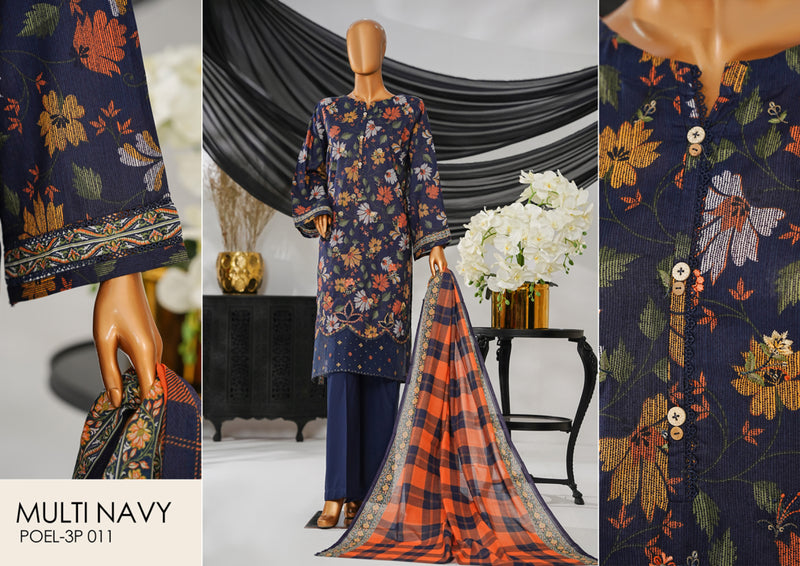 Cotton | Cambric - Stitched Embroidered 3piece with Lace work - Multi Navy