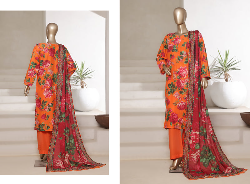 Lawn - Stitched printed 3piece with Lace work - Orange
