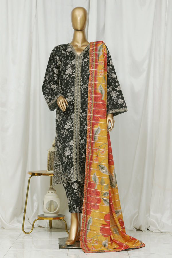 Lawn (front open style) - Stitched Embroidered 3piece with Lace work - Black