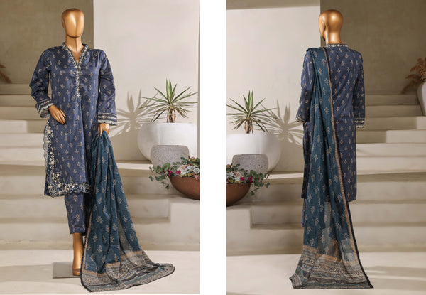 Lawn - Stitched Embroidered Chikankari 3piece with Lace work - Dark Blue