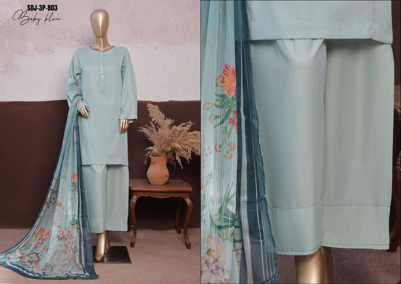 Cambric - Stitched printed 3piece with Lace work - Baby Blue