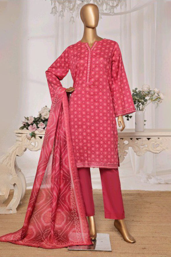 Lawn - Stitched printed 3piece with Lace work - Shocking Pink