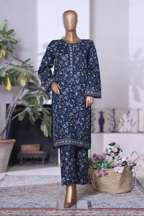 Khaddar Co-Ords - Stitched printed Kurti & trouser with Lace work - Navy Blue