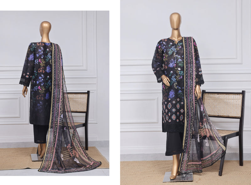 Lawn - Stitched Print Chikankari Embroidered 3piece with Chiffon Dupatta - Black