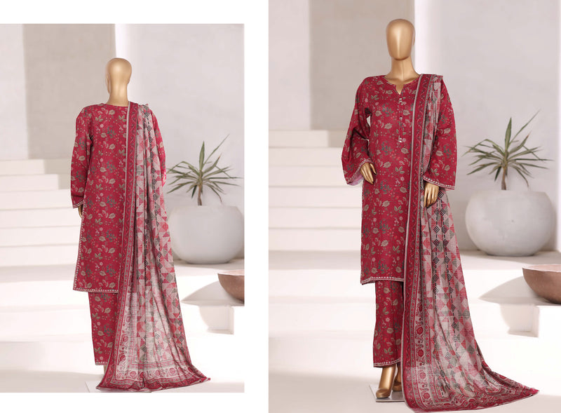 Khaddar - Stitched Embroidered 3piece collection with Lace work - Red