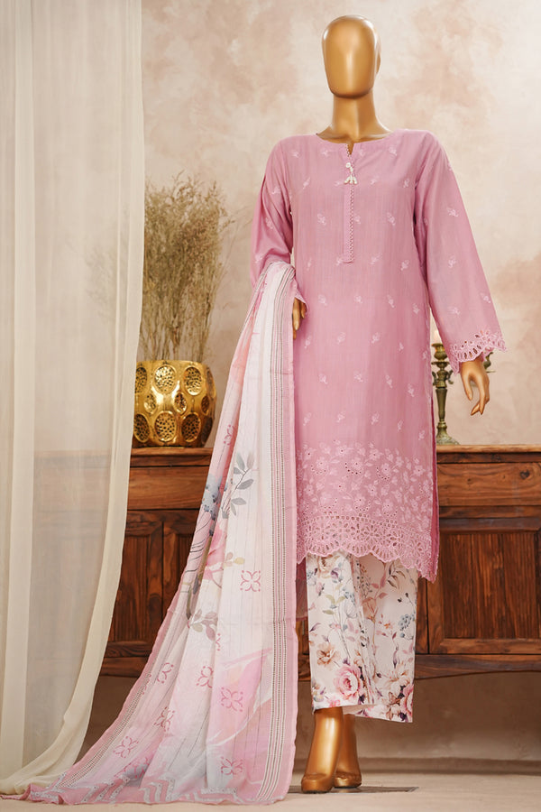 Lawn Slub - Stitched Chikankari Embroidered 3piece with Lace work - Pink