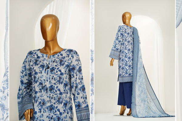 Lawn PrintKari - Stitched Embroidered 3piece with Lace work - Greyish Blue