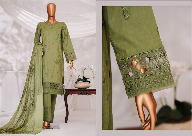 Cambric | Cotton - Stitched Embroidered Printed 3piece with Nannokara Dupatta - Leaf Green