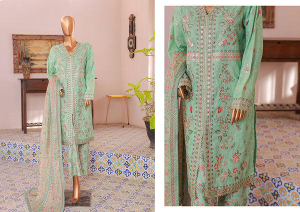Lawn Self stripe- Stitched Embroidered 3piece with Lace work - Sea Green