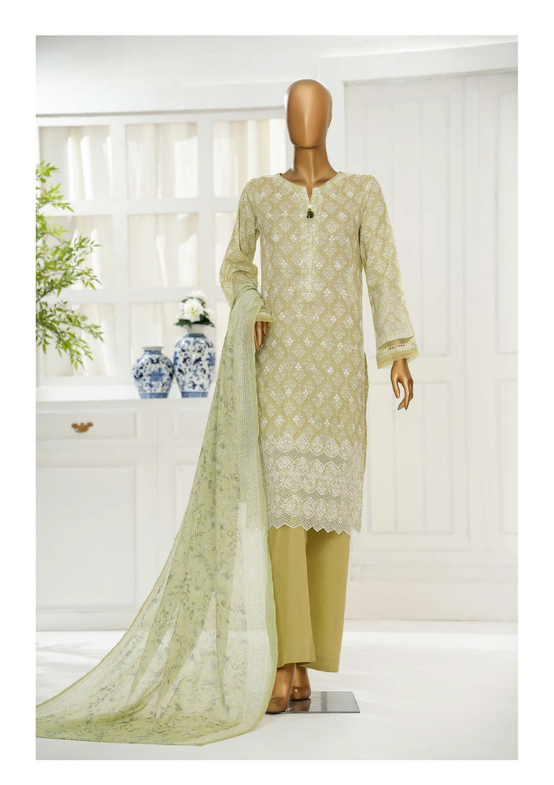 Cambric Chikankari - Stitched Embroidered 3piece with Lace work - Fern Green
