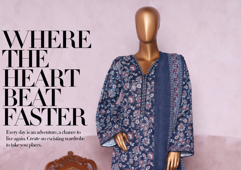 Khaddar - Stitched printed 3piece with Lace work - Blue