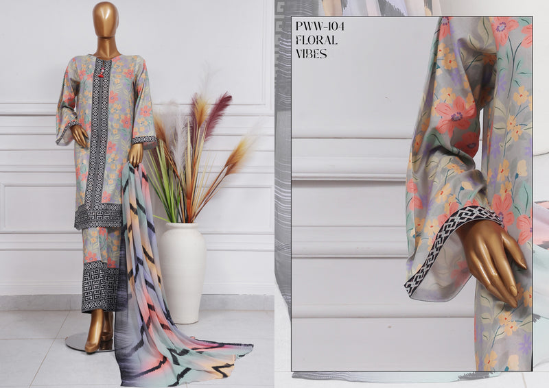 Lawn - Stitched Printed 3 piece with Chiffon Dupatta - Floral Vibes