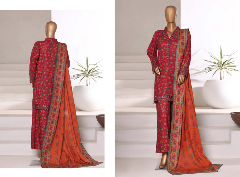 Khaddar - Embroidered 3piece collection with Lace work - Red
