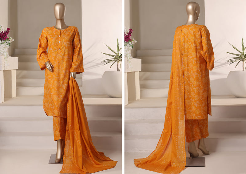 Cambric - Stitched printed 3piece with Lace work - Mustard Dot