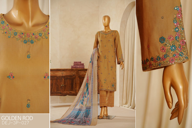 Lawn Jacquard - Stitched Embroidered 3 piece with lace work - Golden Rod