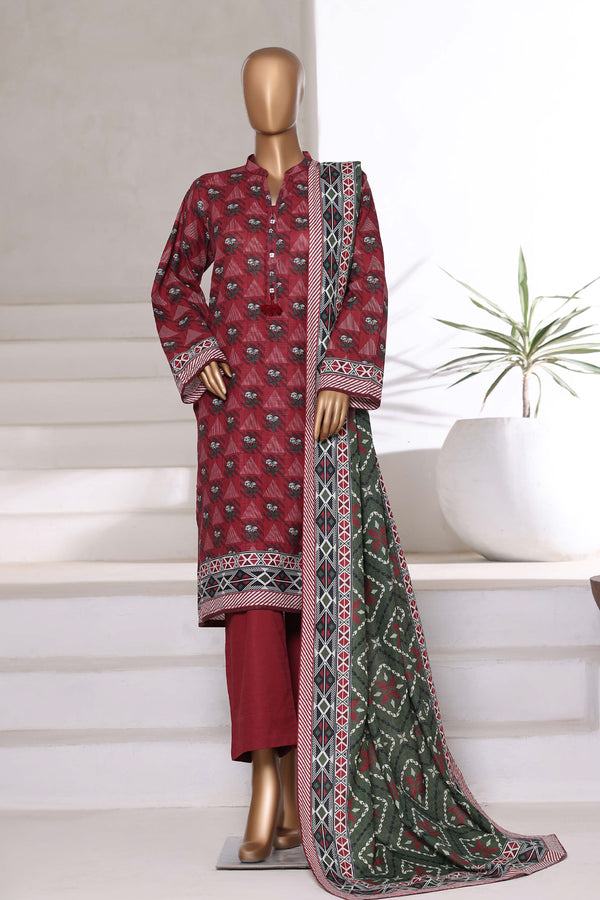 Khaddar - Printed 3piece collection with Lace work - Maroon