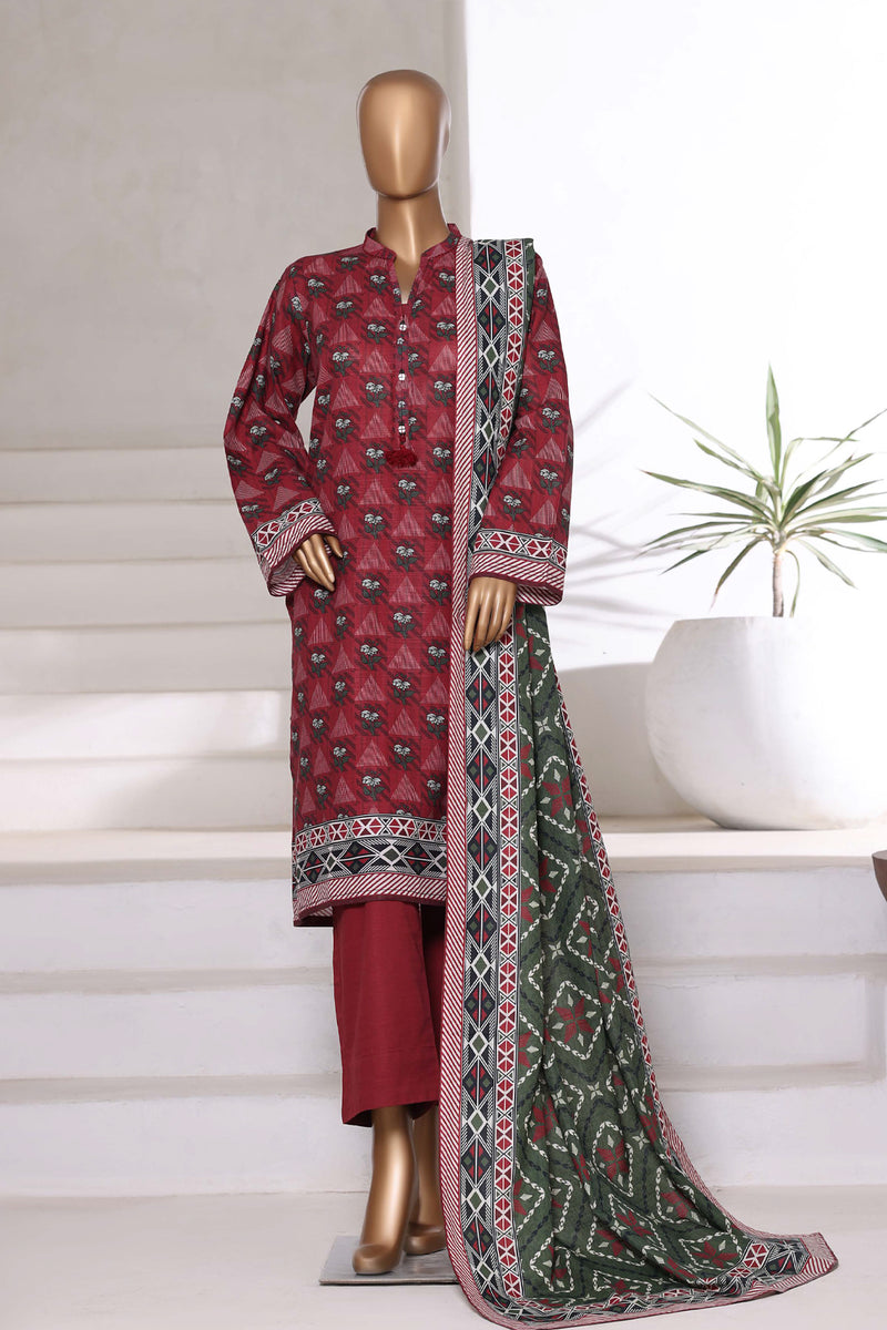 Khaddar - Printed 3piece collection with Lace work - Maroon