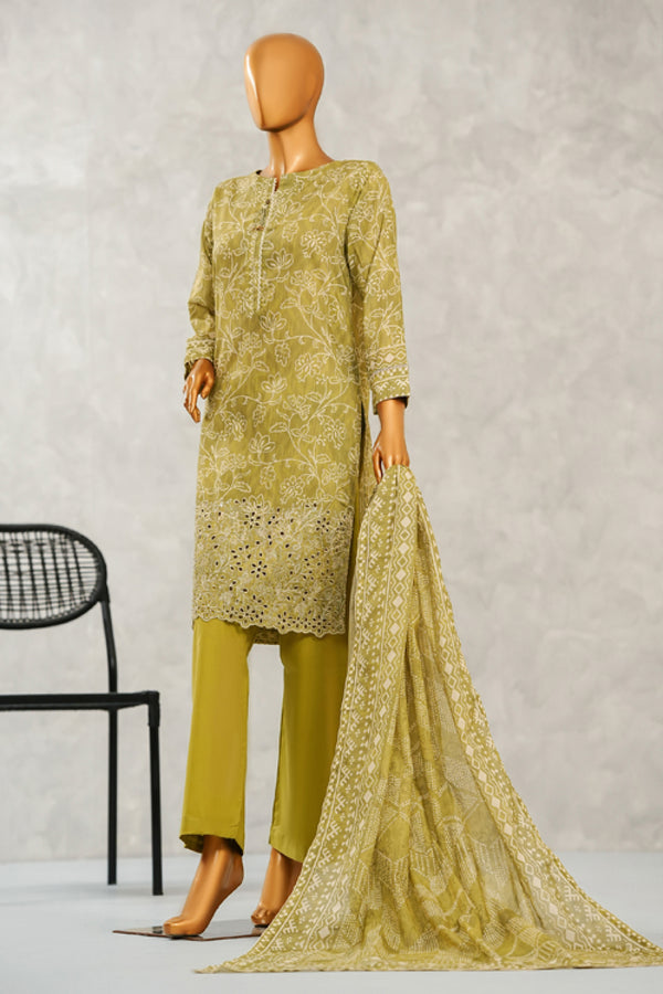Lawn - Stitched Digital Printed Embroidered 3piece with Boring work - Green